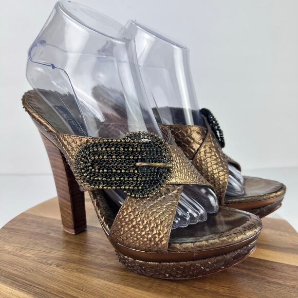 CE FOU SHOO BRONZE Leather Slip On Metal Buckle Platform HIGH HEEL Size 9 - Picture 1 of 11